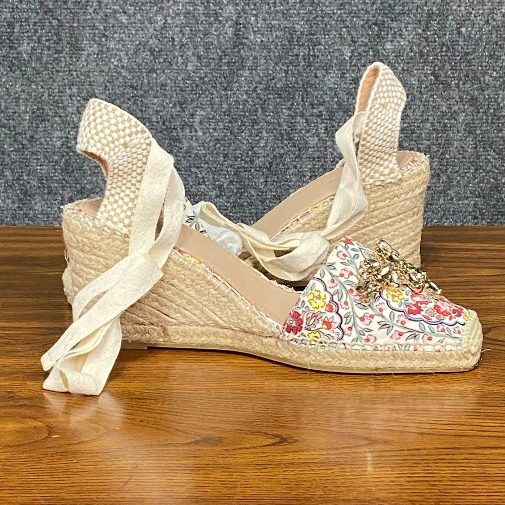 Boden Espadrille Wedge Floral‎ Print Ankle Wrap Embellished Women's Shoes EU 41